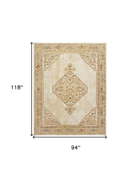 8' X 10' Beige and Ivory Medallion Power Loom Distressed Area Rug