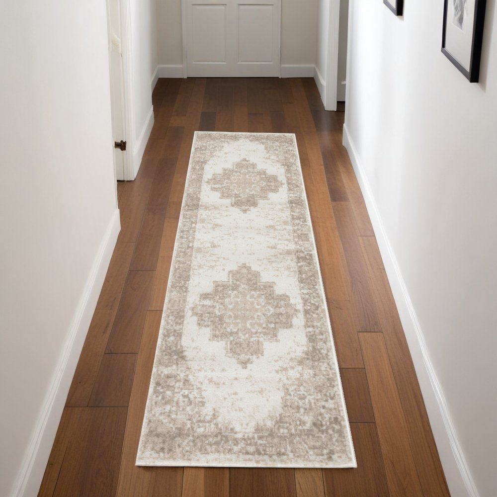 8' Beige And Ivory Medallion Distressed Runner Rug