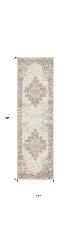 8' Beige And Ivory Medallion Distressed Runner Rug