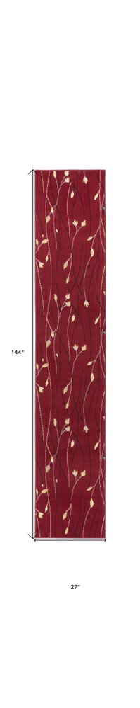 12' Red Black And Ivory Floral Vines Runner Rug