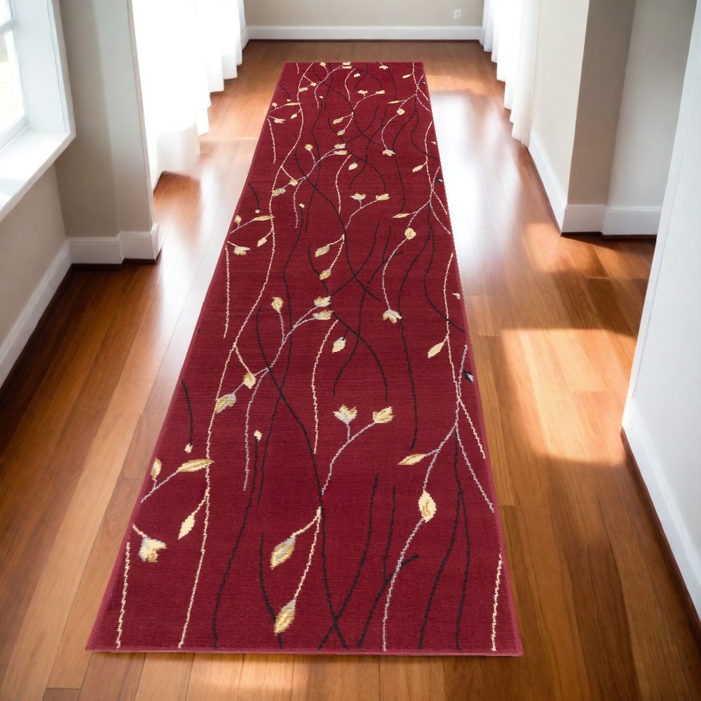 12' Red Black And Ivory Floral Vines Runner Rug