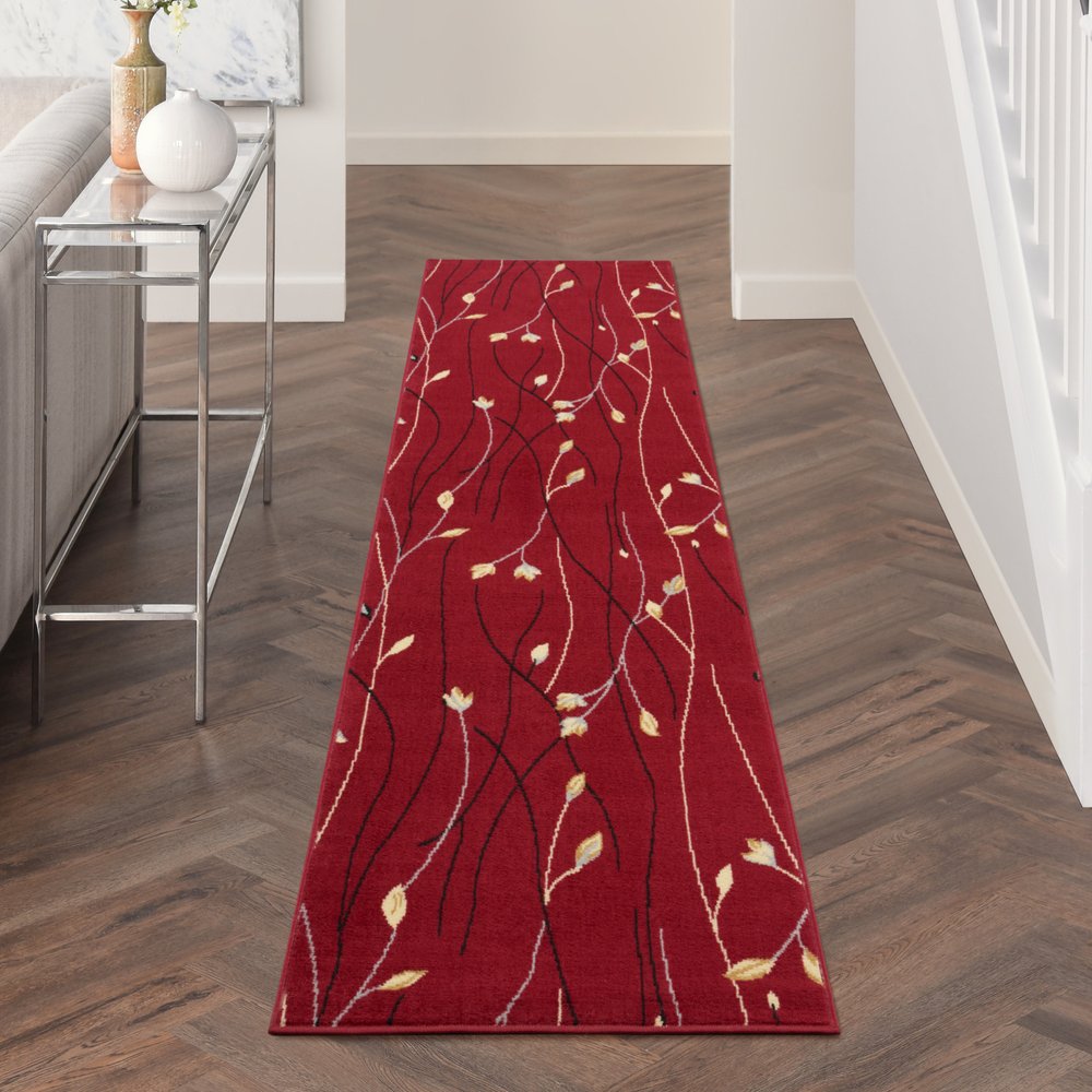 12' Red Black And Ivory Floral Vines Runner Rug