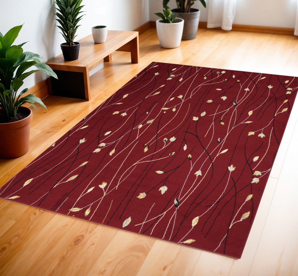 4' X 6' Red Black and Ivory Floral Vines Power Loom Area Rug