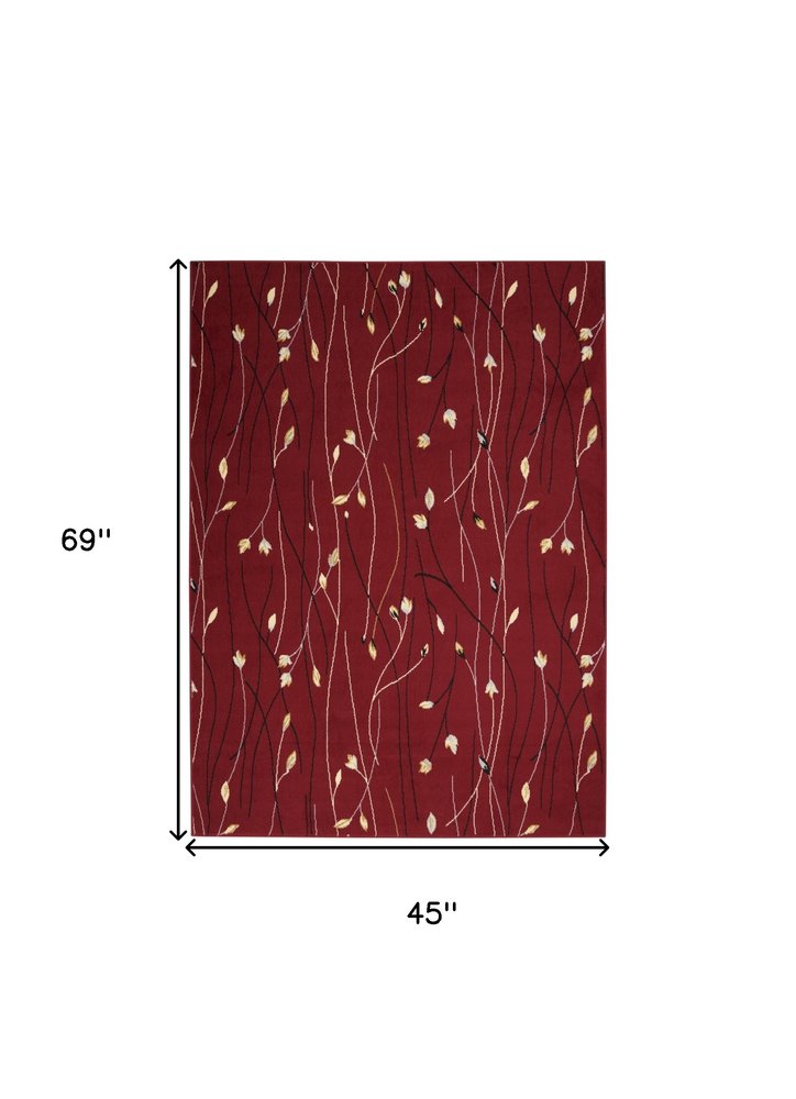 4' X 6' Red Black and Ivory Floral Vines Power Loom Area Rug