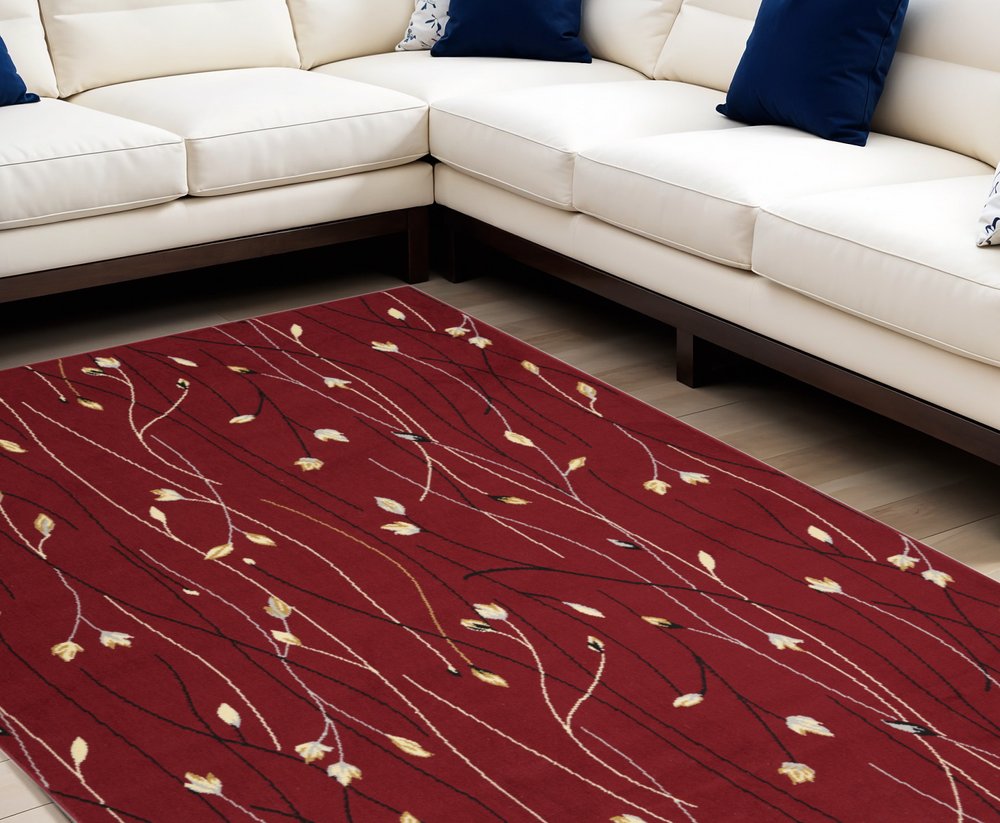 7' X 10' Red Black and Ivory Floral Vines Power Loom Area Rug