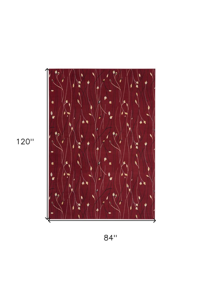 7' X 10' Red Black and Ivory Floral Vines Power Loom Area Rug