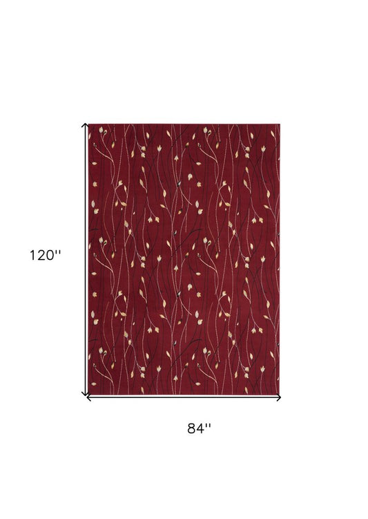 7' X 10' Red Black and Ivory Floral Vines Power Loom Area Rug