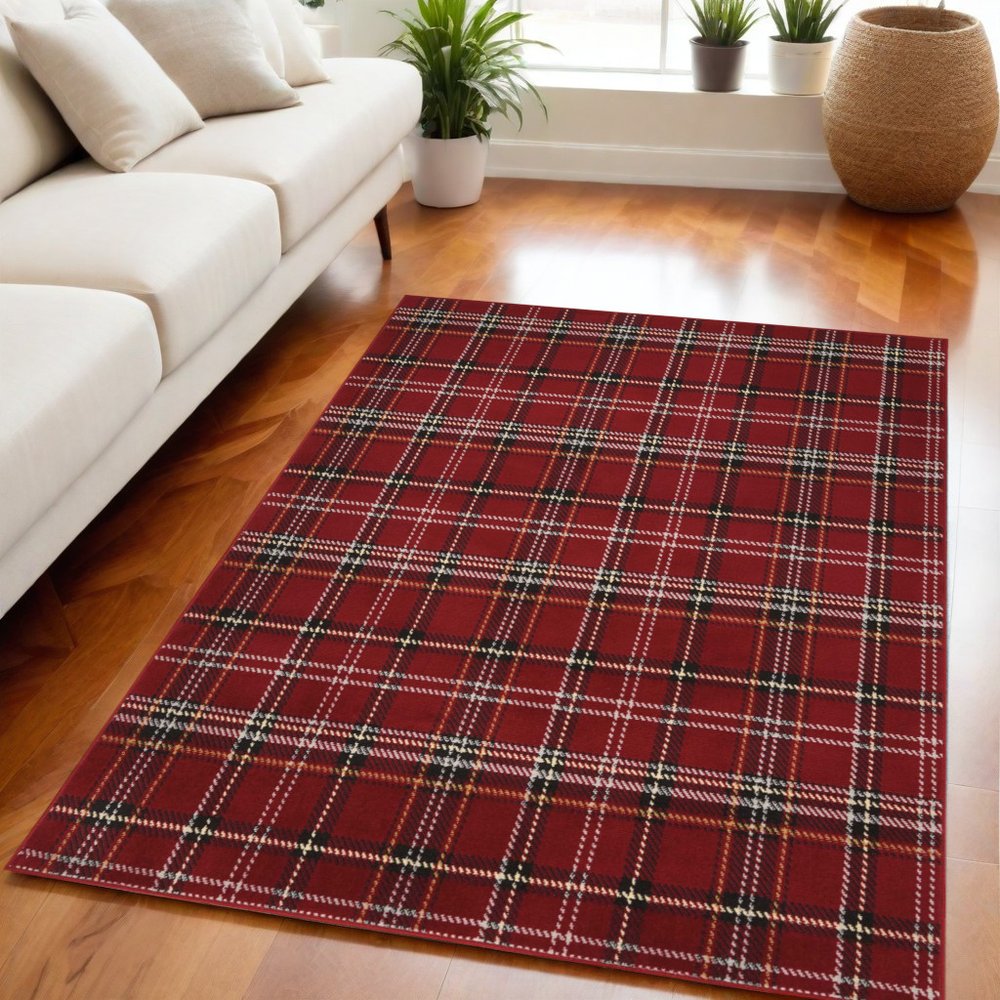 5' X 7' Red and Black Plaid Power Loom Area Rug