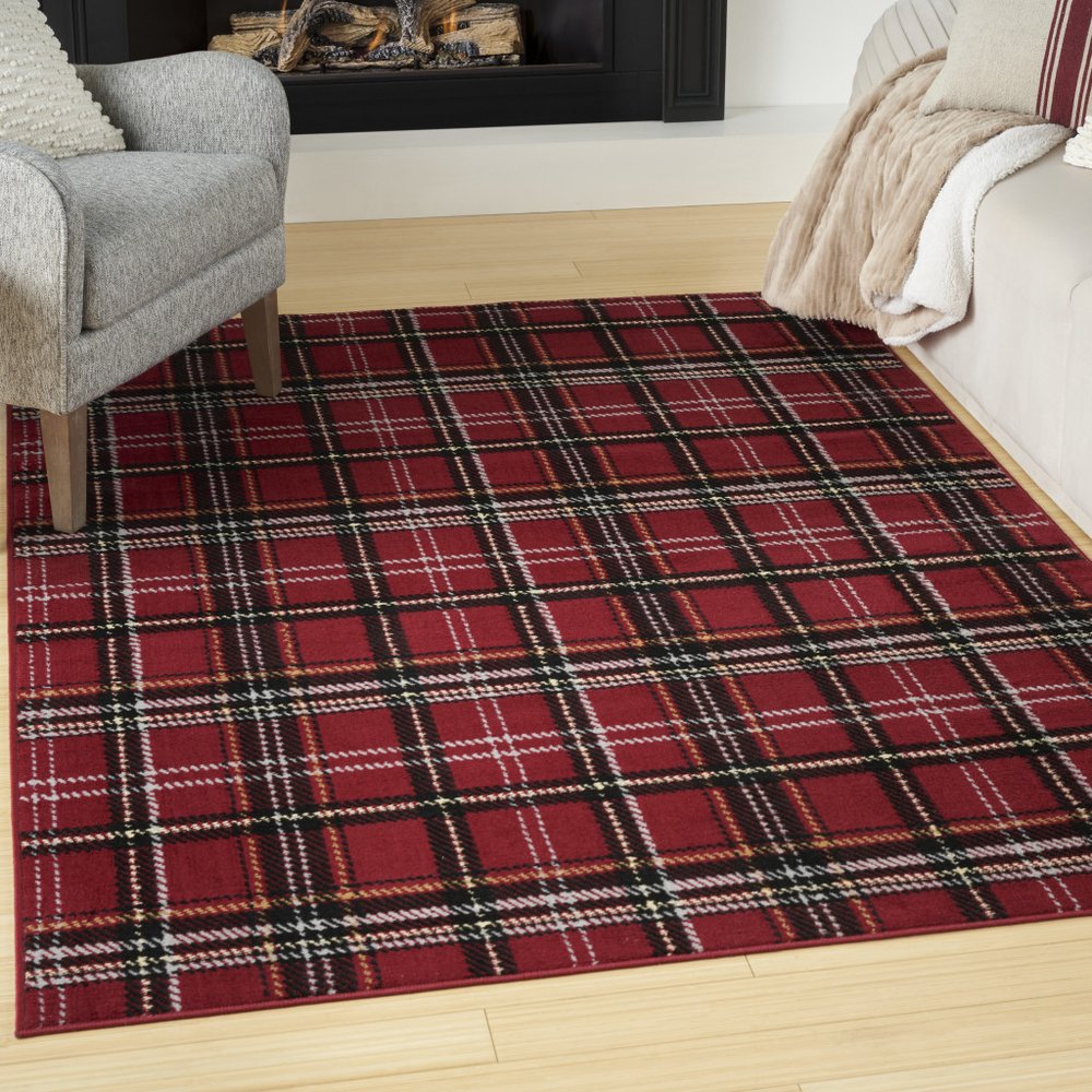 5' X 7' Red and Black Plaid Power Loom Area Rug