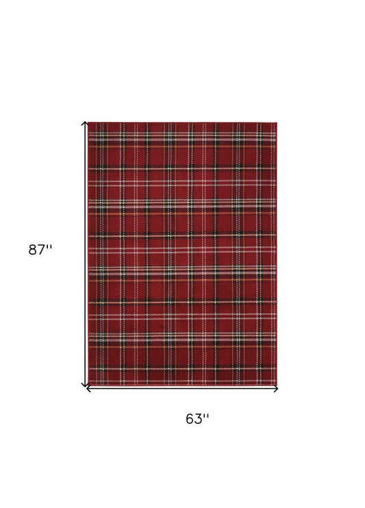 5' X 7' Red and Black Plaid Power Loom Area Rug