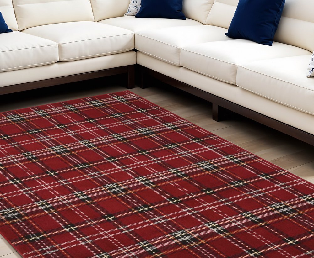 6' X 9' Red and Black Plaid Power Loom Area Rug