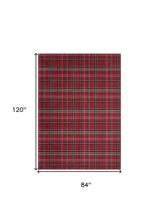 7' X 10' Red and Black Plaid Power Loom Area Rug