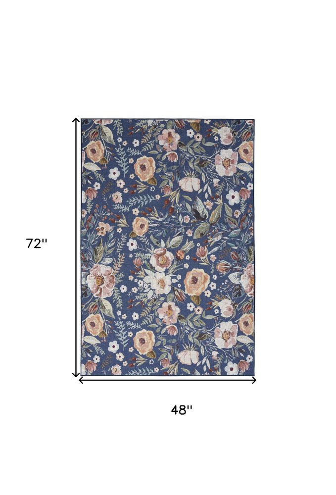 4' X 6' Blue and Pink Floral Power Loom Non Skid Area Rug
