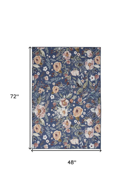 4' X 6' Blue and Pink Floral Power Loom Non Skid Area Rug