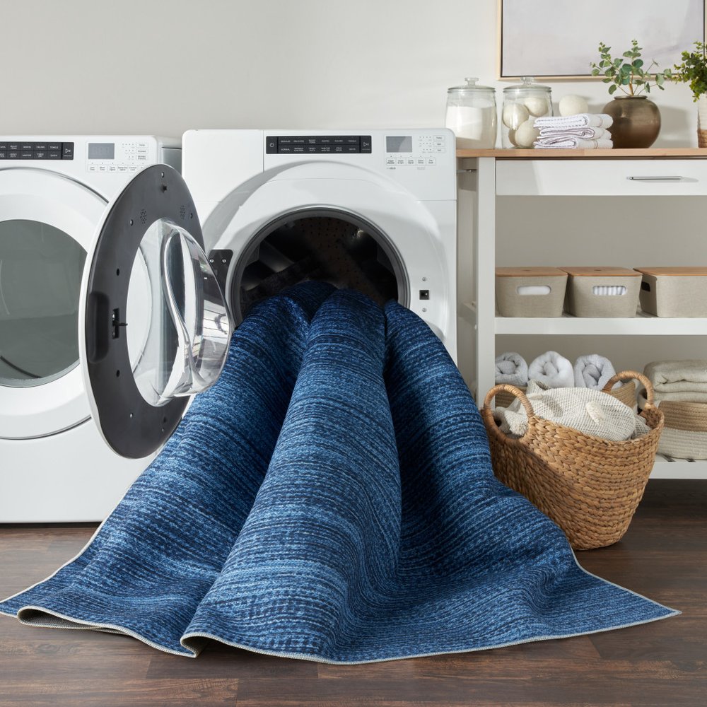 3' X 5' Blue Abstract Power Loom Washable Non Skid Area Rug