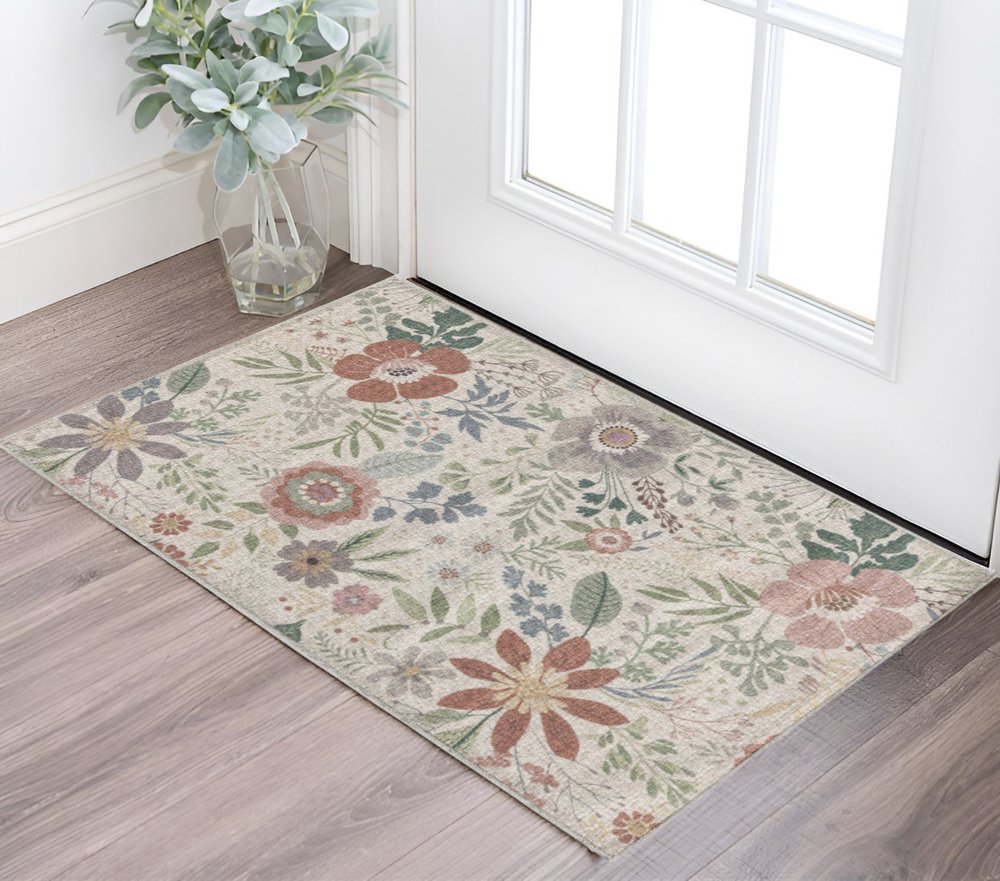 3' X 5' Pink Floral Power Loom Non Skid Area Rug