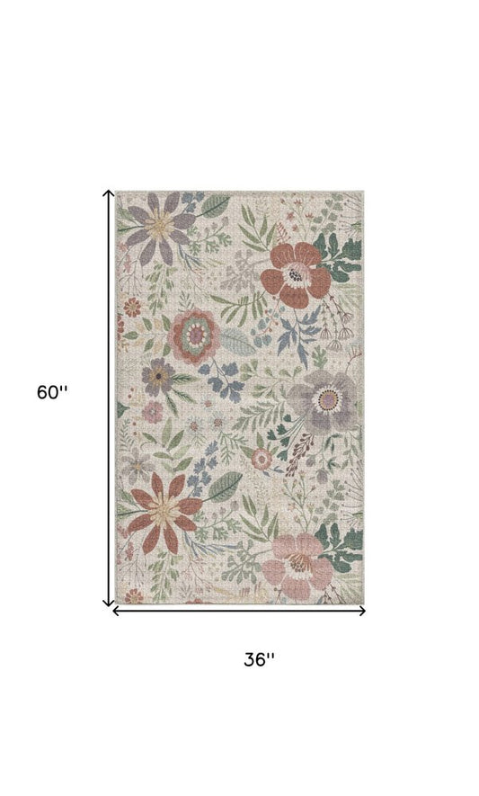 3' X 5' Pink Floral Power Loom Non Skid Area Rug
