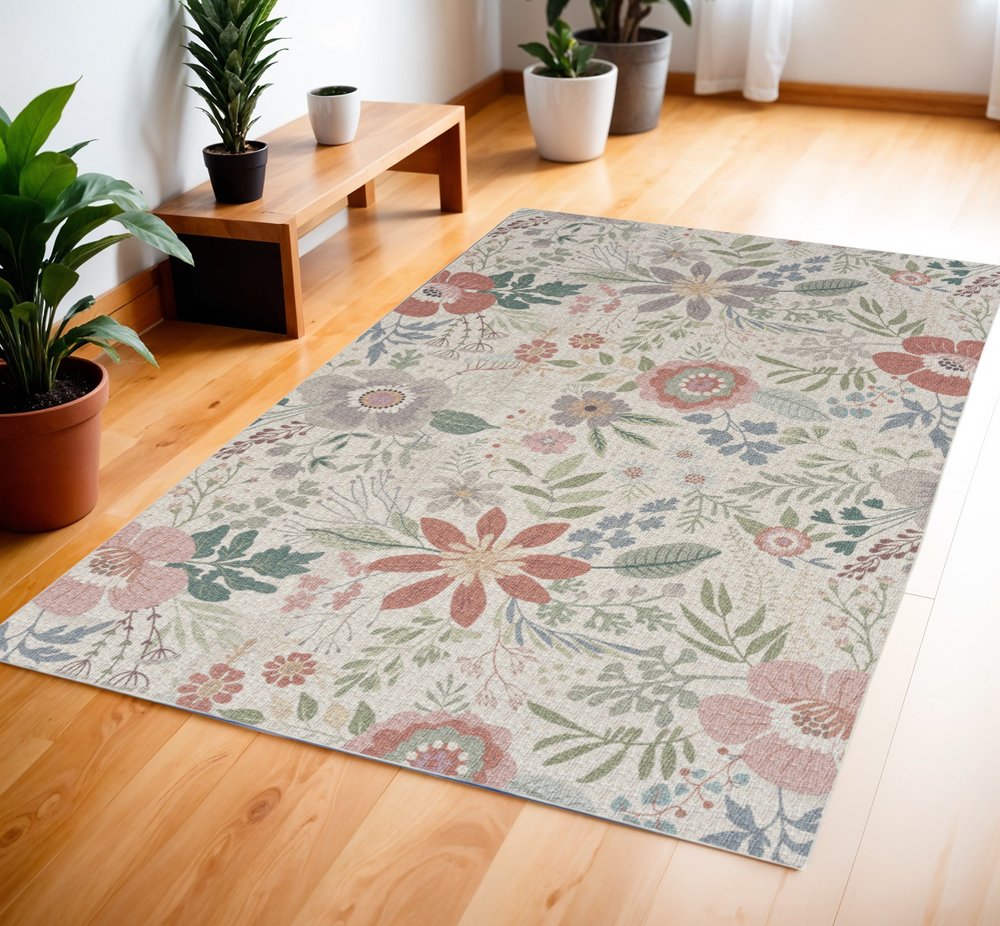 4' X 6' Gray and Pink Floral Power Loom Washable Non Skid Area Rug