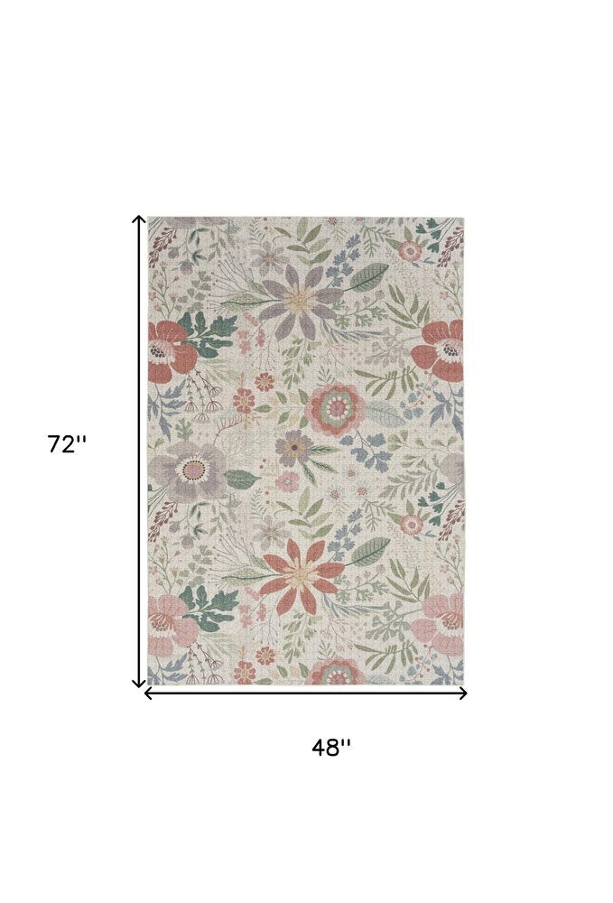 4' X 6' Gray and Pink Floral Power Loom Washable Non Skid Area Rug