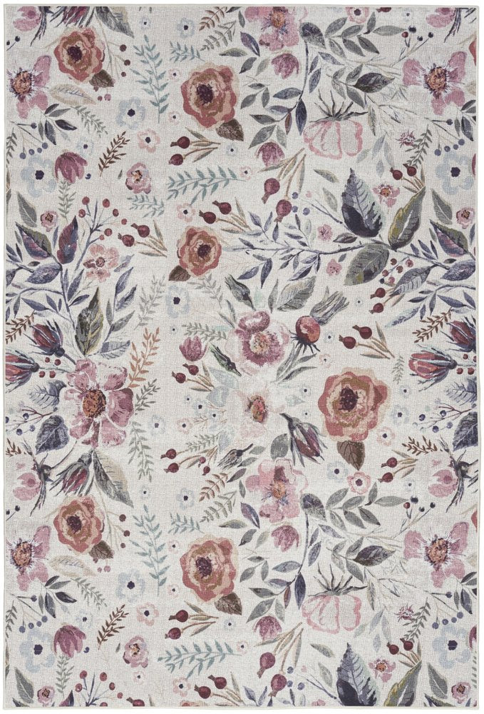 4' X 6' Pink and Ivory Floral Power Loom Washable Non Skid Area Rug