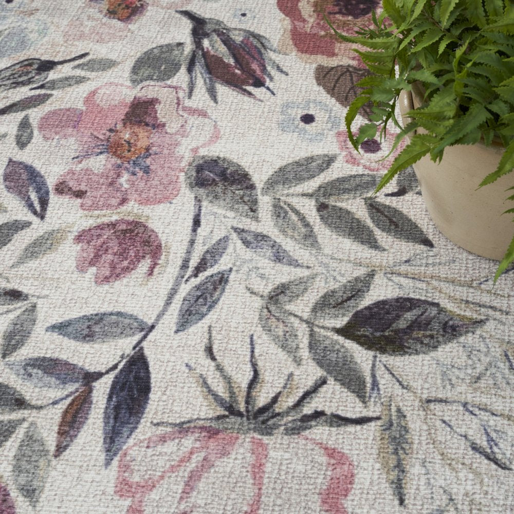 4' X 6' Pink and Ivory Floral Power Loom Washable Non Skid Area Rug