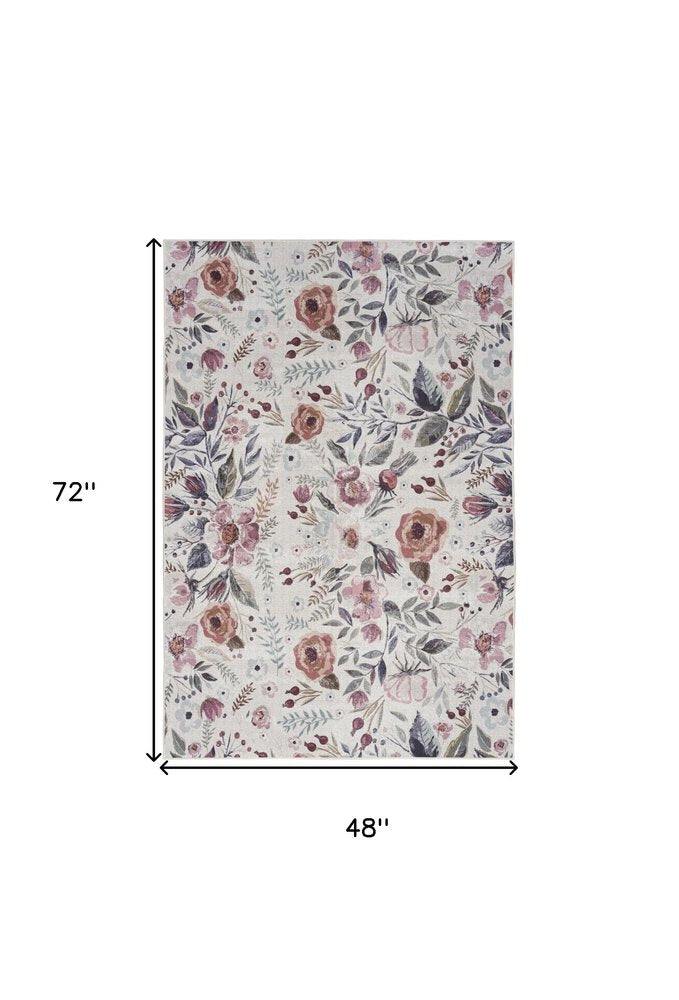 4' X 6' Pink and Ivory Floral Power Loom Washable Non Skid Area Rug