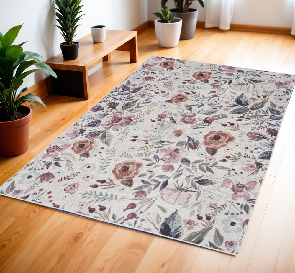 4' X 6' Pink and Ivory Floral Power Loom Washable Non Skid Area Rug