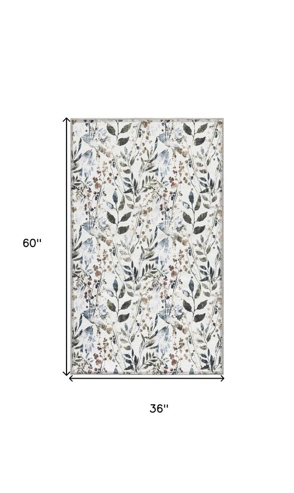 3' X 5' Green and Ivory Floral Power Loom Washable Non Skid Area Rug