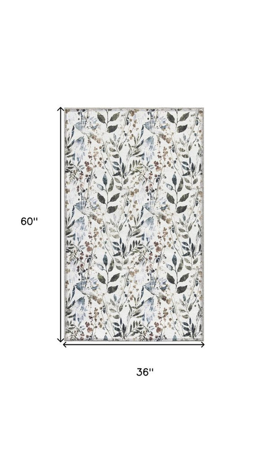 3' X 5' Green and Ivory Floral Power Loom Washable Non Skid Area Rug