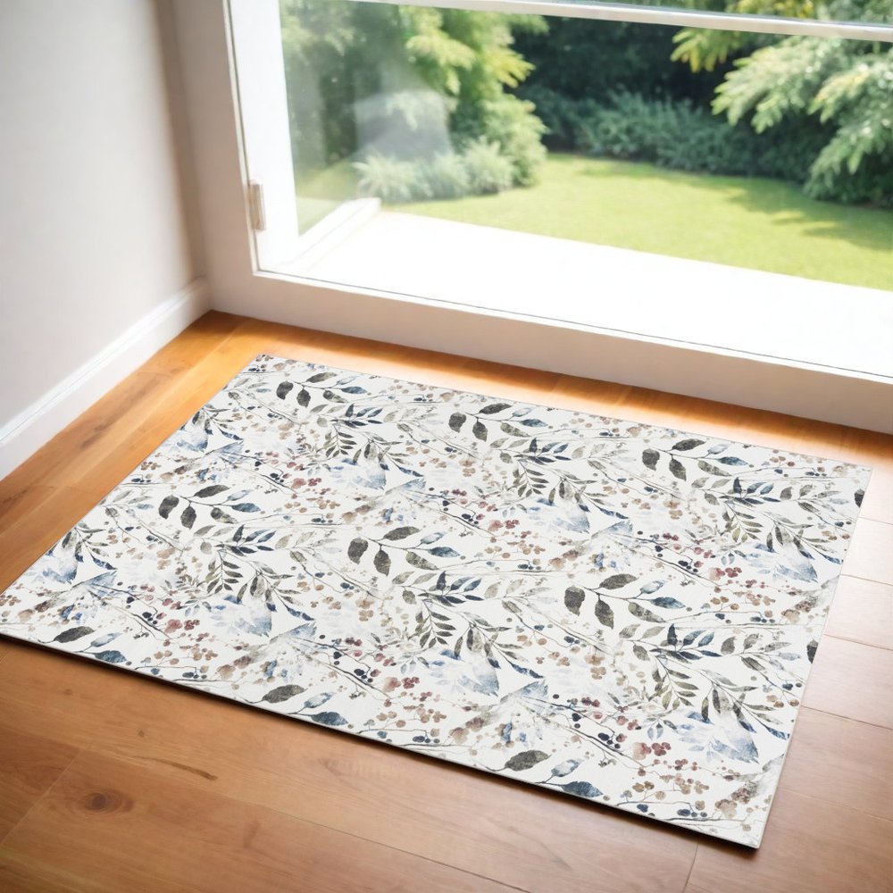 3' X 5' Green and Ivory Floral Power Loom Washable Non Skid Area Rug