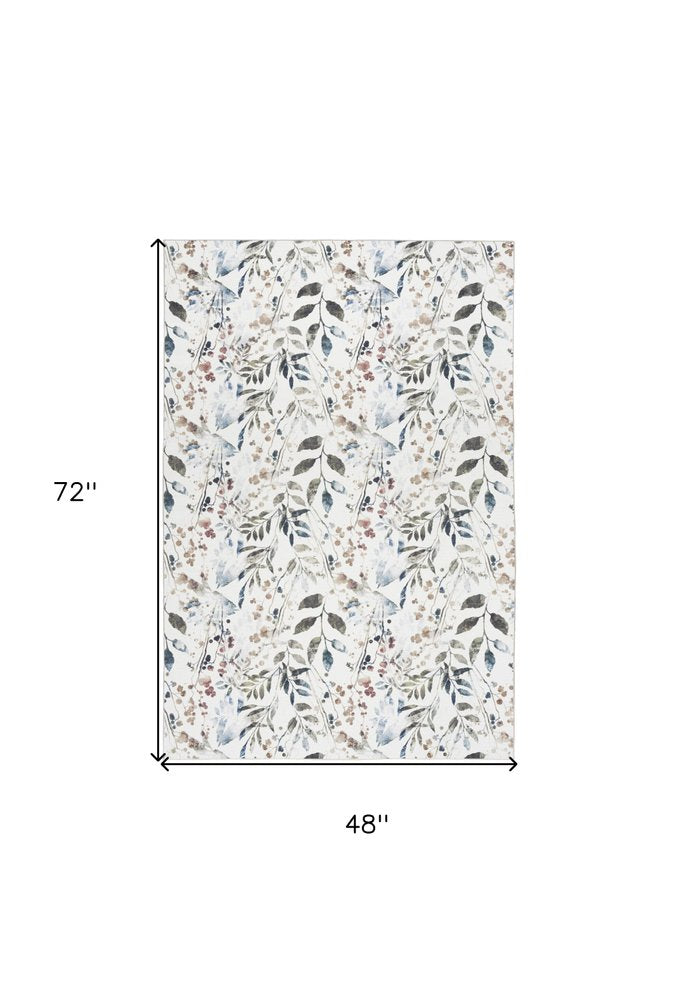 4' X 6' Green and Ivory Floral Power Loom Washable Non Skid Area Rug