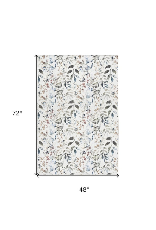 4' X 6' Green and Ivory Floral Power Loom Washable Non Skid Area Rug