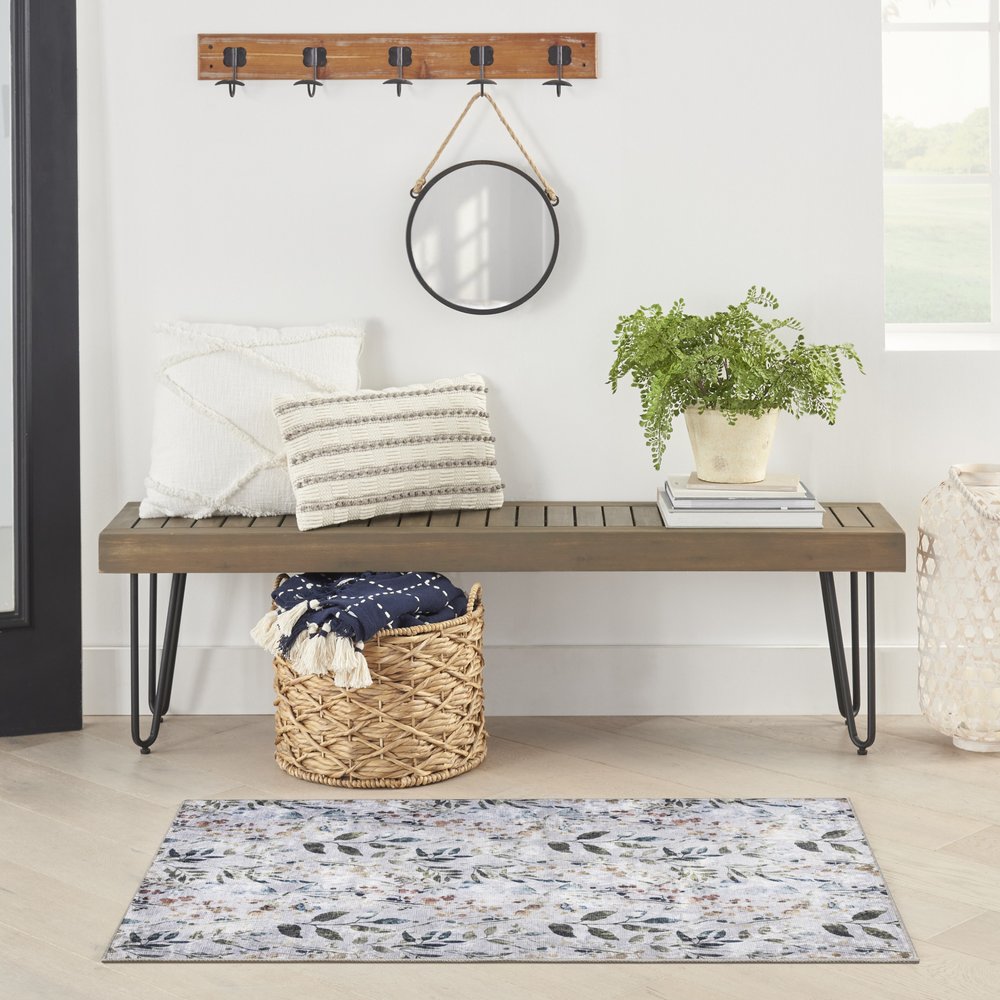 3' X 5' Gray and Blue Floral Power Loom Washable Non Skid Area Rug