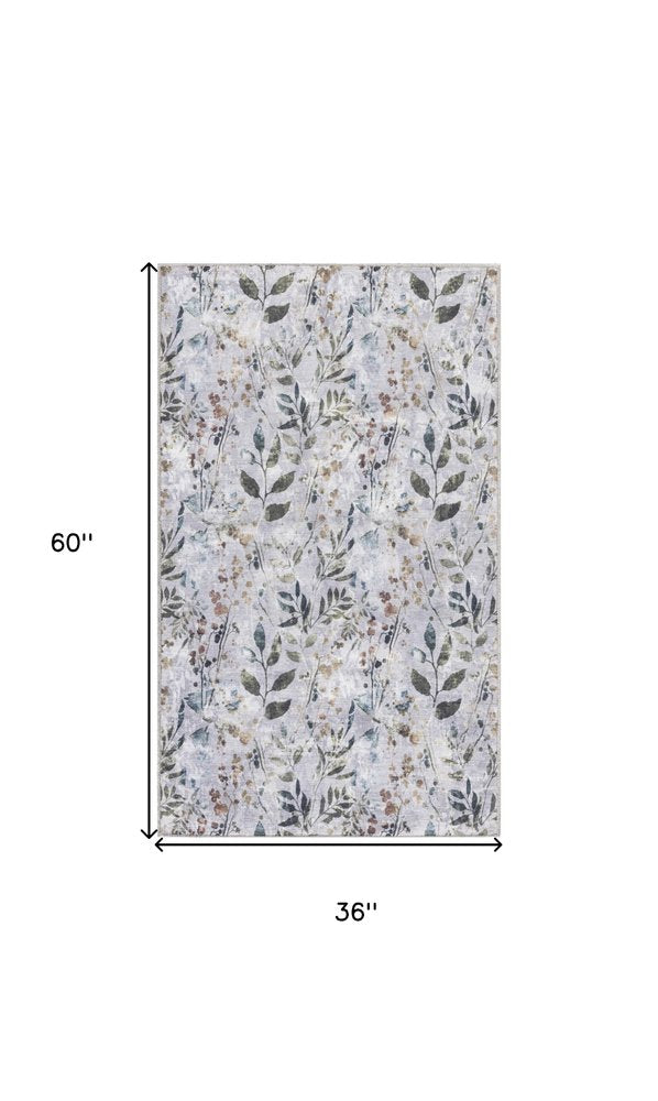3' X 5' Gray and Blue Floral Power Loom Washable Non Skid Area Rug