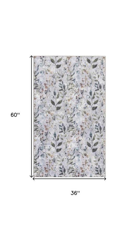 3' X 5' Gray and Blue Floral Power Loom Washable Non Skid Area Rug