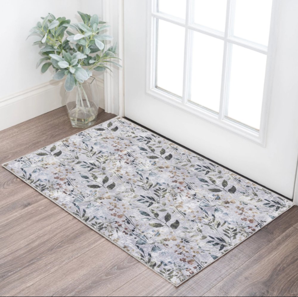 3' X 5' Gray and Blue Floral Power Loom Washable Non Skid Area Rug