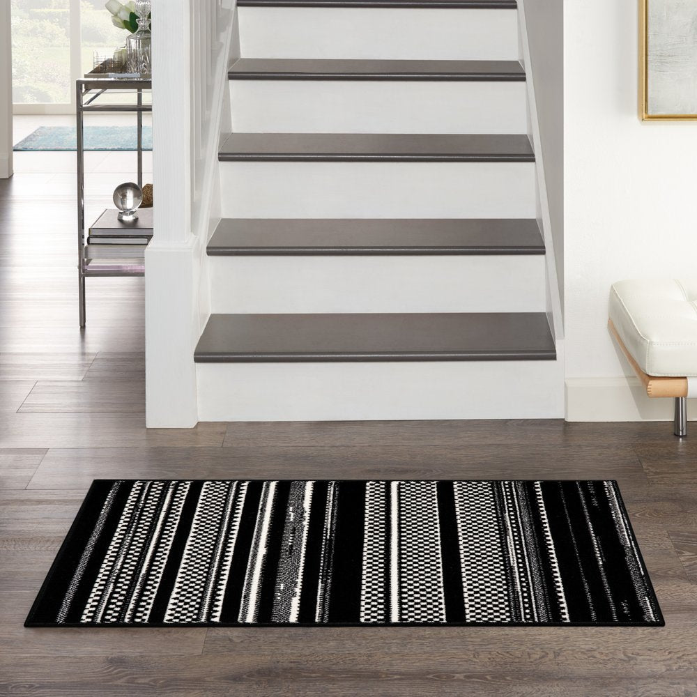 2' X 4' Black and White Striped Power Loom Area Rug