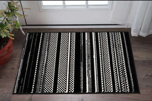 2' X 4' Black and White Striped Power Loom Area Rug