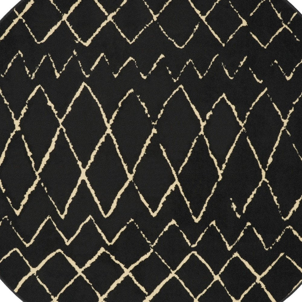 5' Beige and Black Round Abstract Power Loom Area Rug