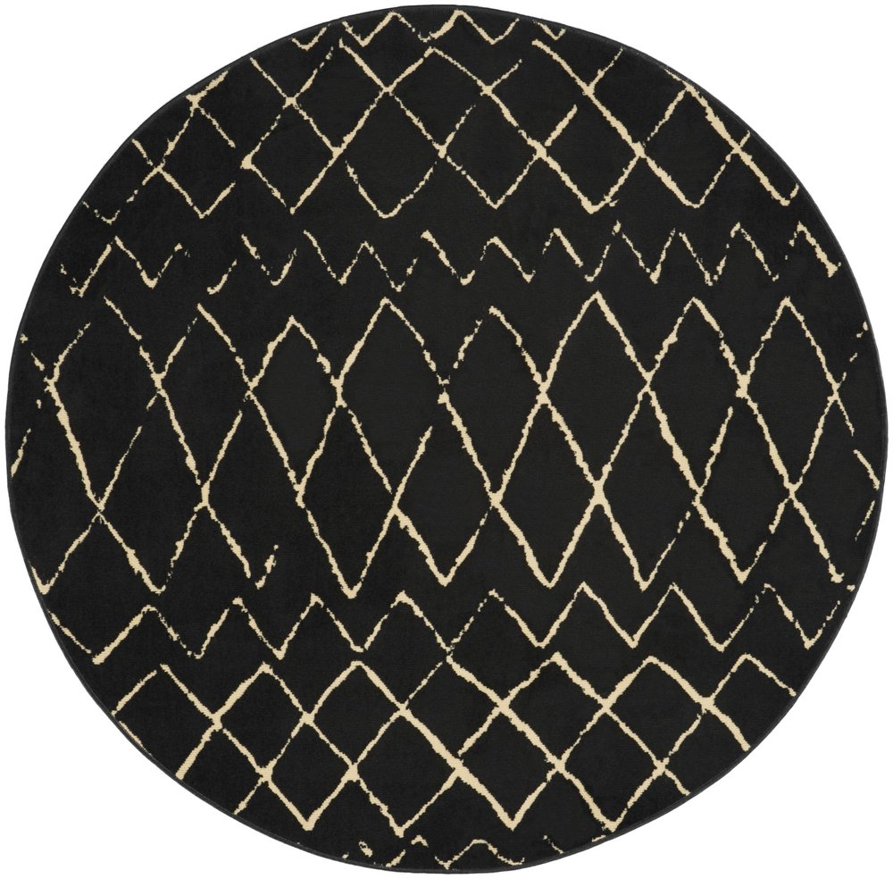 5' Beige and Black Round Abstract Power Loom Area Rug
