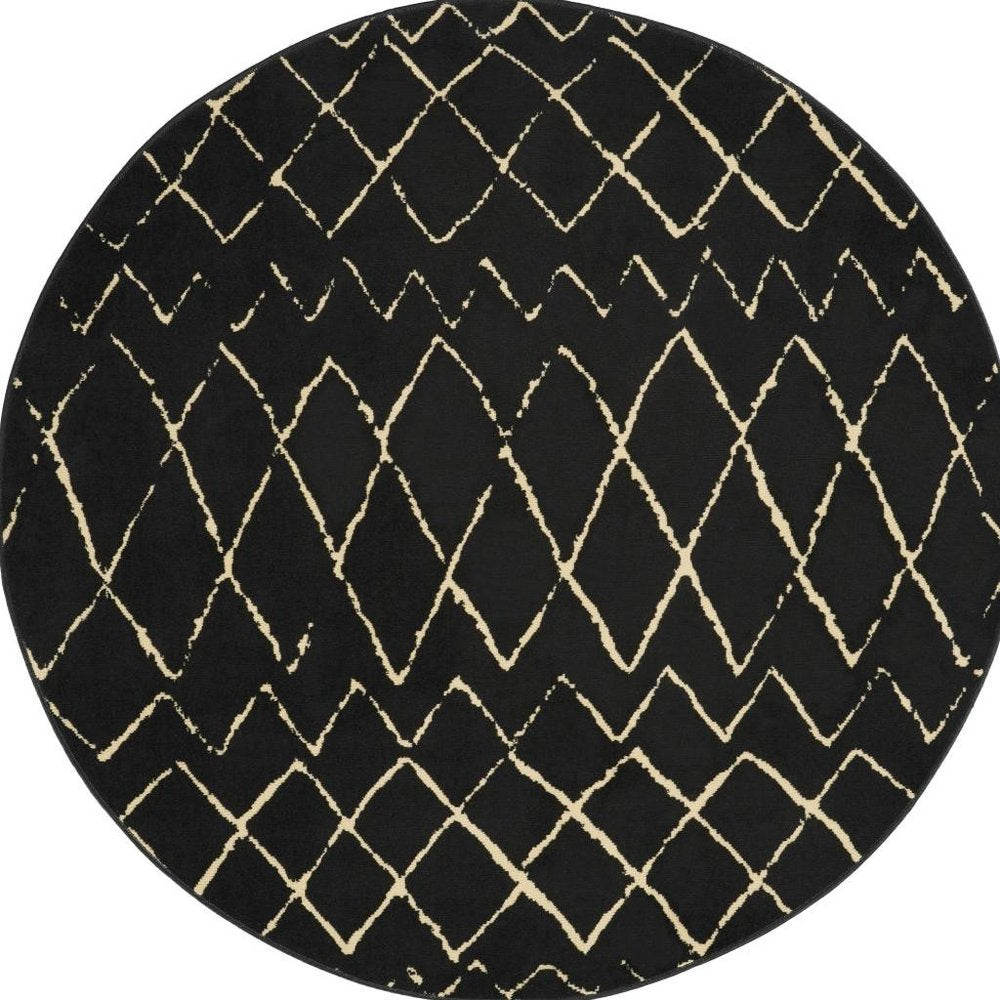 5' Beige and Black Round Abstract Power Loom Area Rug