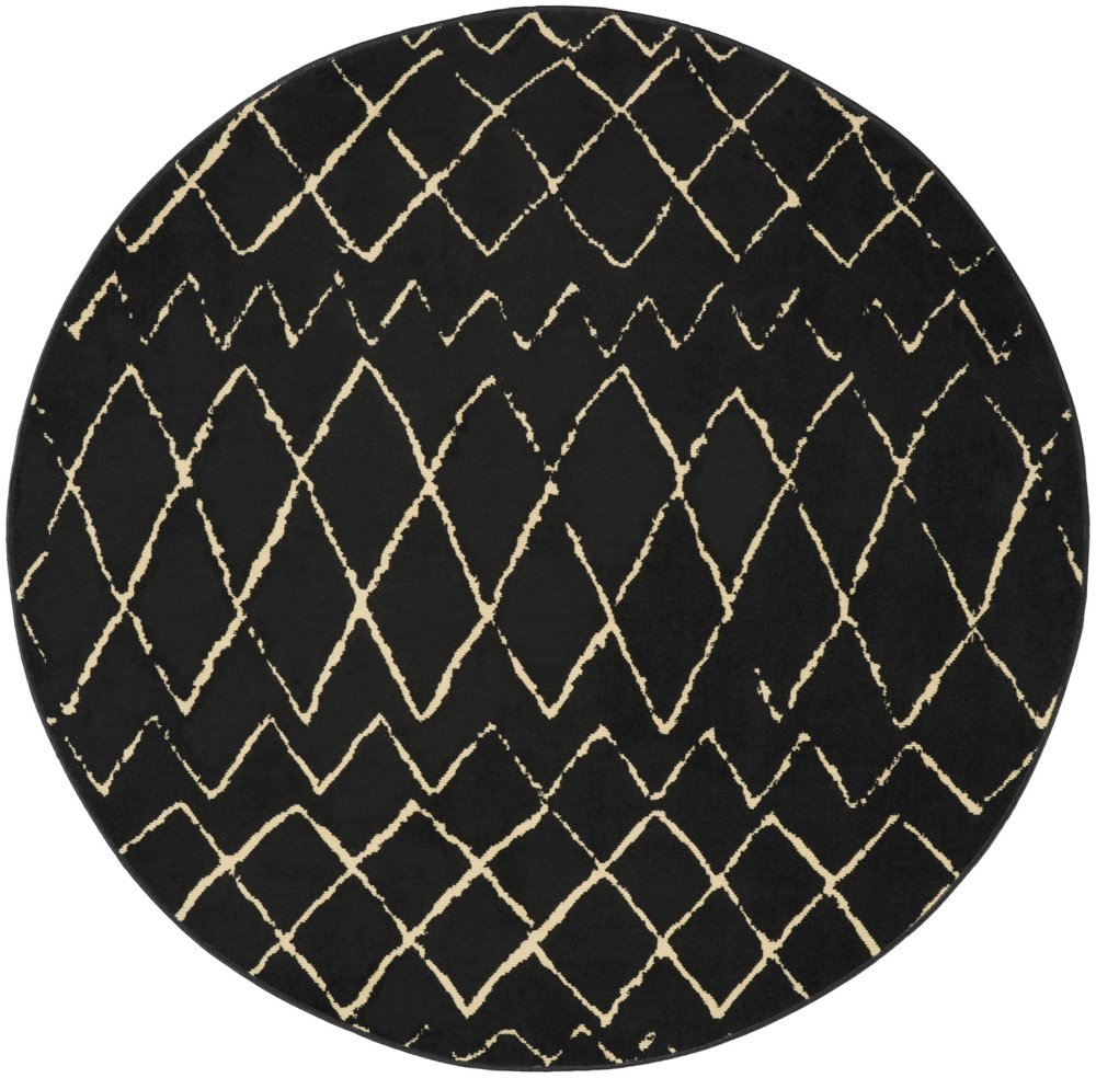 5' Beige and Black Round Abstract Power Loom Area Rug