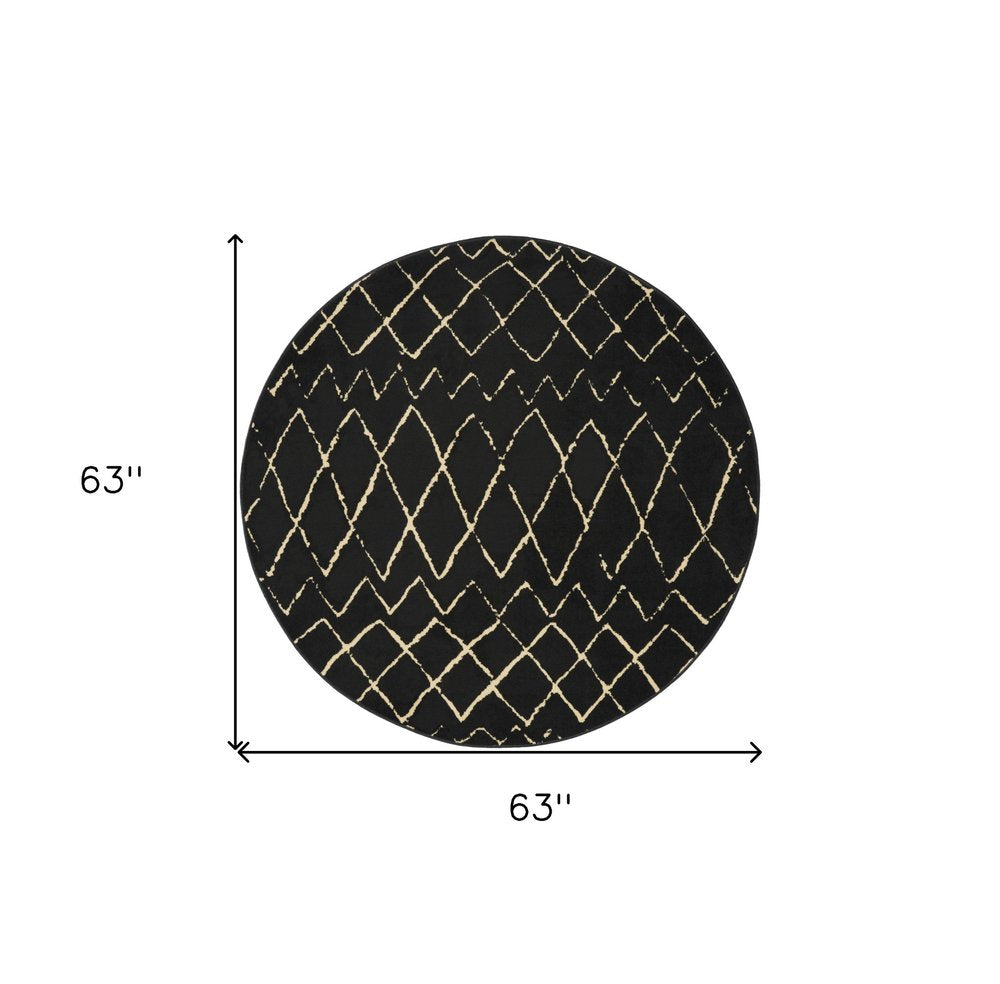5' Beige and Black Round Abstract Power Loom Area Rug