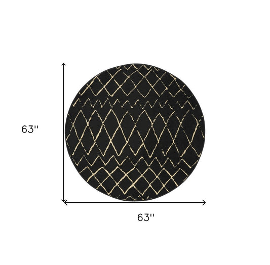5' Beige and Black Round Abstract Power Loom Area Rug