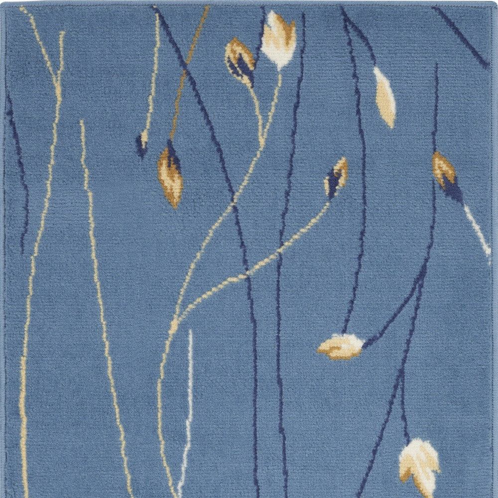 2' X 4' Blue And Beige Floral Vines Area Rug