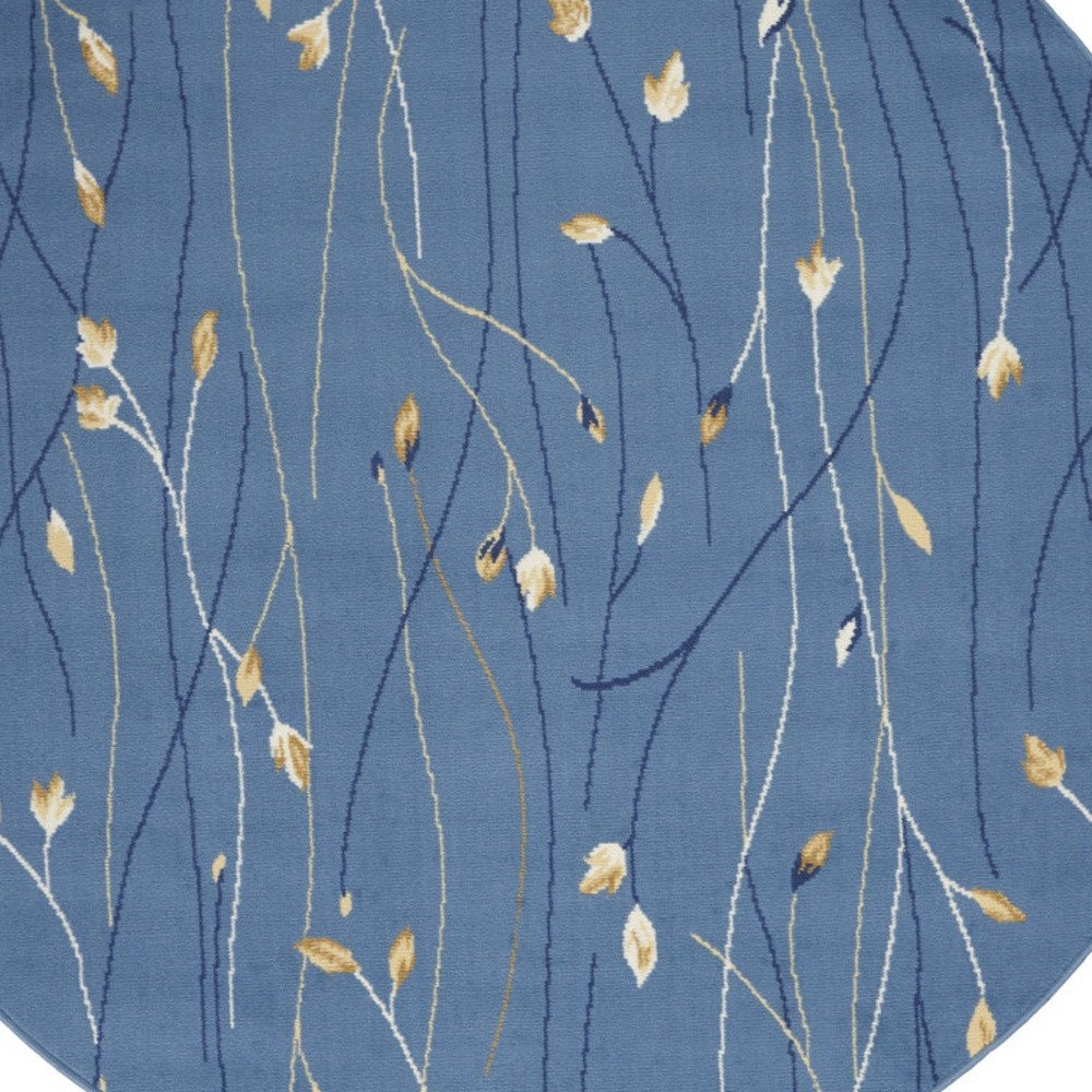 4' Blue And Beige Floral Vines Round Rug