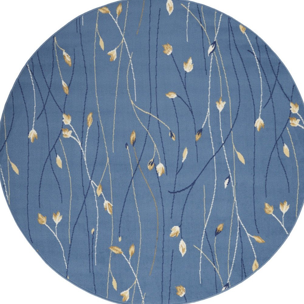 4' Blue And Beige Floral Vines Round Rug