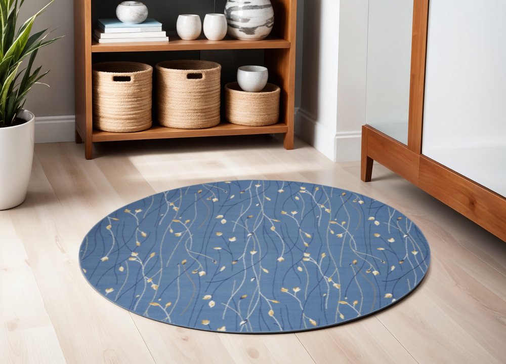 4' Blue And Beige Floral Vines Round Rug