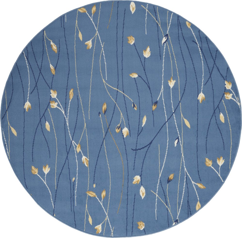 4' Blue And Beige Floral Vines Round Rug