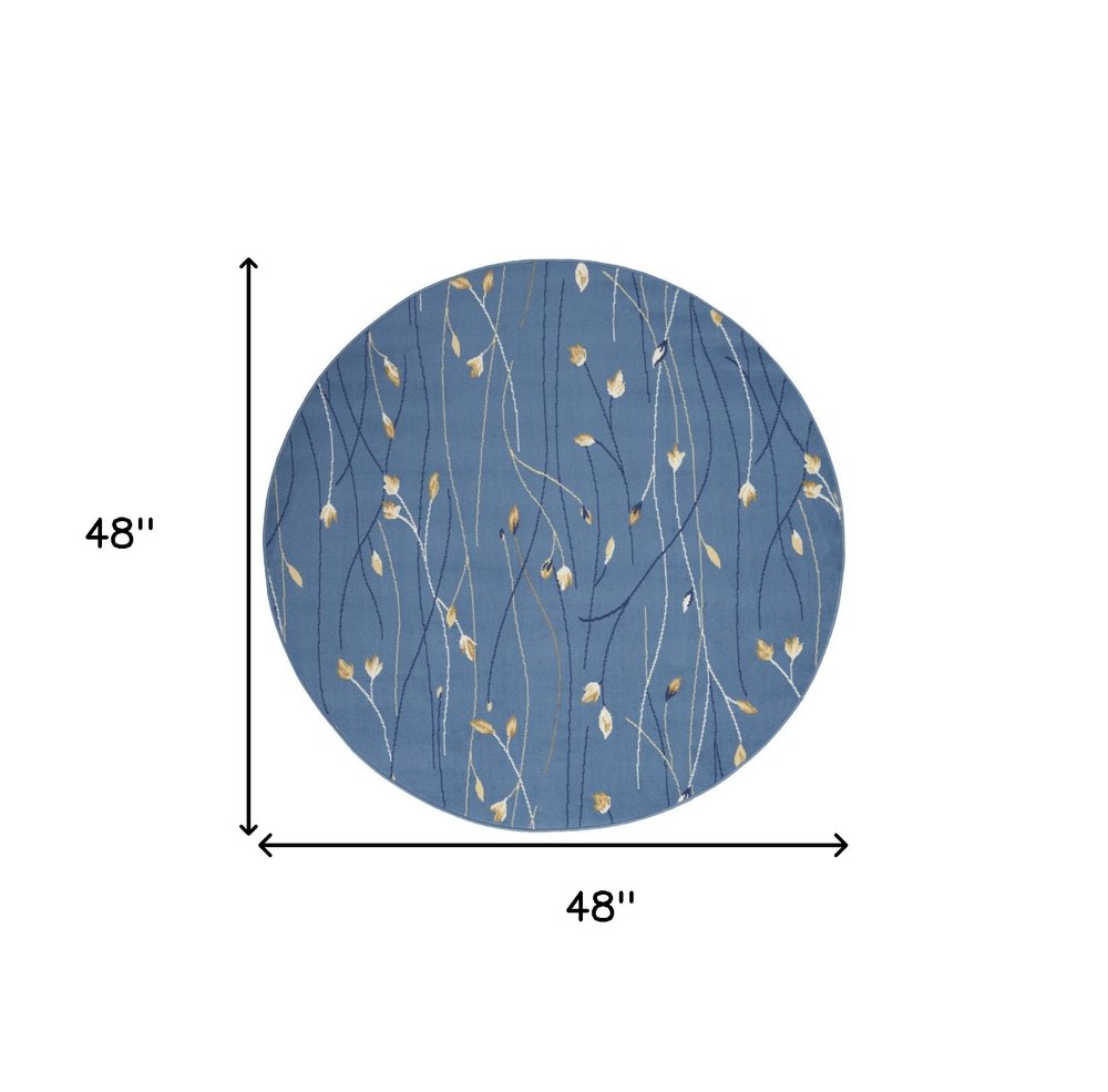 4' Blue And Beige Floral Vines Round Rug